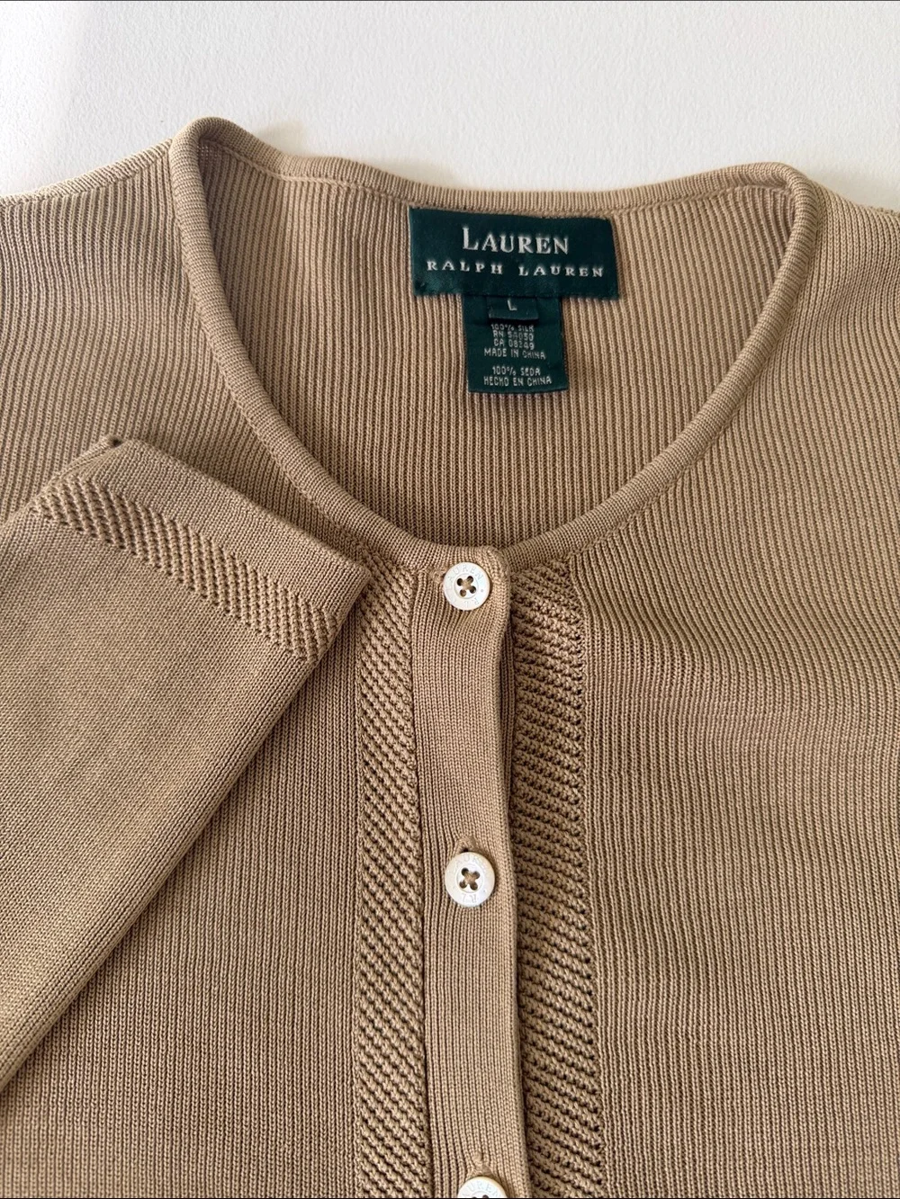 Lauren Ralph Lauren Women's Camel Crewneck 100% Silk Cardigan Sweater Size Large - Picture 2 of 8